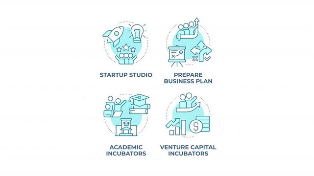 Business acceleration models blue concept icons animation set. Scalable startup growth strategies. Venture creation. Cyan circular animated abstract ideas. HD video collection with alpha channel