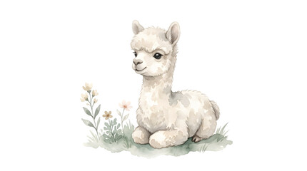 Naklejka premium Cute baby alpaca sitting in the grass with flowers isolated on transparent background