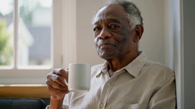 Morning light nudging senior raising sipping lowering white mug in breakfast nook, in beige shirt