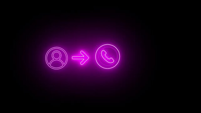 Glowing pink neon contact icon showing a user profile and telephone symbol linked by an arrow a and symbol