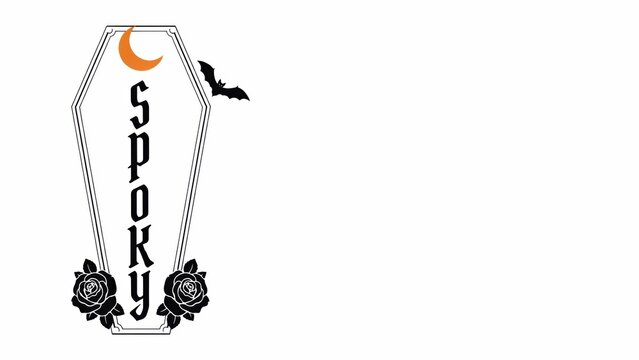 Spooky typography inside a coffin illustration with crescent moon and roses
