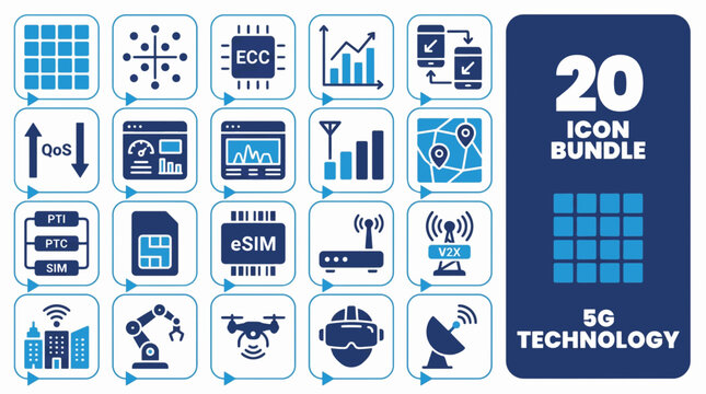 20 Essential 5G Technology Icons in Flat Vector Bundle for Telecom and Digital Innovation