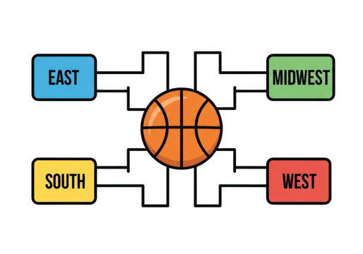 Basketball tournament bracket chart with colorful regions on white background