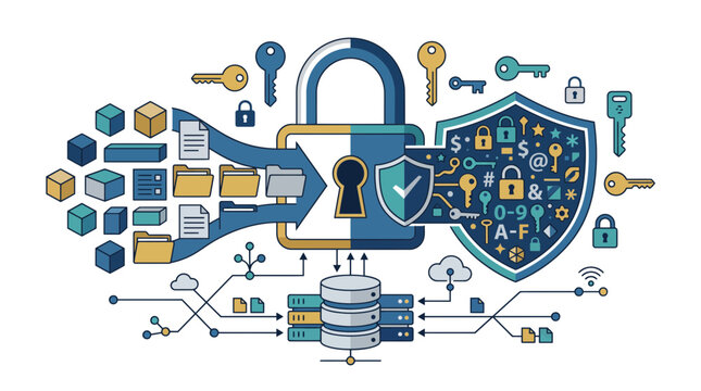 Data encryption and cybersecurity concept with digital padlock and secure server protection.