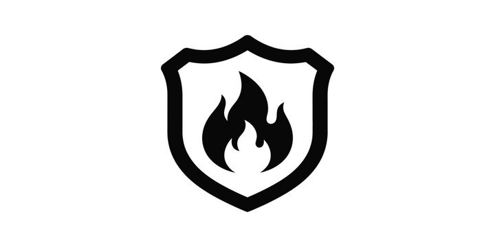Black shield with fire emblem design isolated on a white background