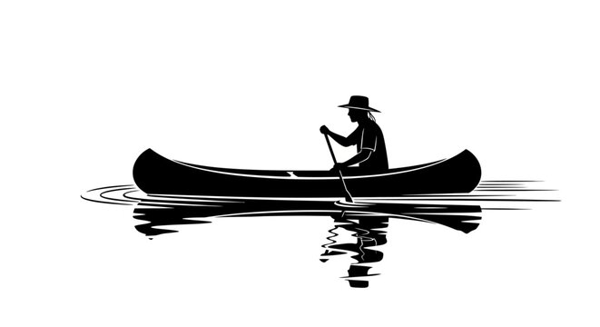 Silhouette paddler in canoe on calm water with reflection, minimalist vector illustration