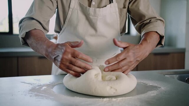Pressing palms, baker folding, shaping dough on floured counter in white apron preparing for baking