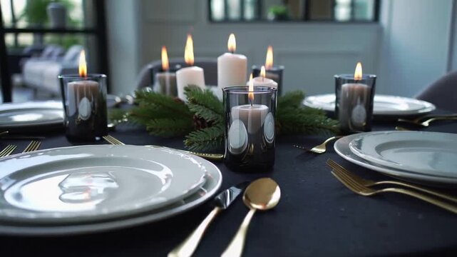 Sweeping camera moving across dining table, revealing stacked plates, gold forks, pillar candles