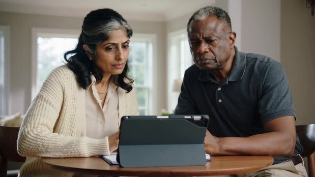 Reaching woman tapping and swiping tablet at home dining table checking notes with partner in polo