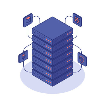 Dynamic of a Modern Server Stack with Connected Icons for Data Power Cooling and Security with high quality professional line art symbols for modern creative design and digital branding projects