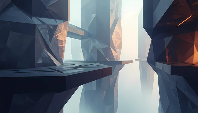 Futuristic abstract architecture scene featuring sleek reflective geometric structures and water surfaces water reflection modern design abstract building