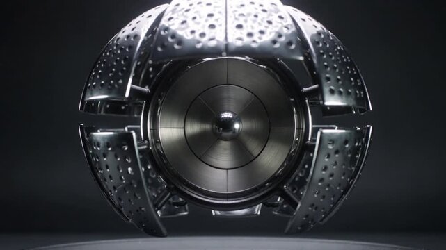 Mechanism activating metal orb rising and opening above plate under studio light showing rotor