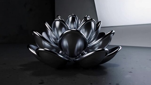 Moving white reflector left lighting metal lotus sculpture on dark table, revealing surface detail