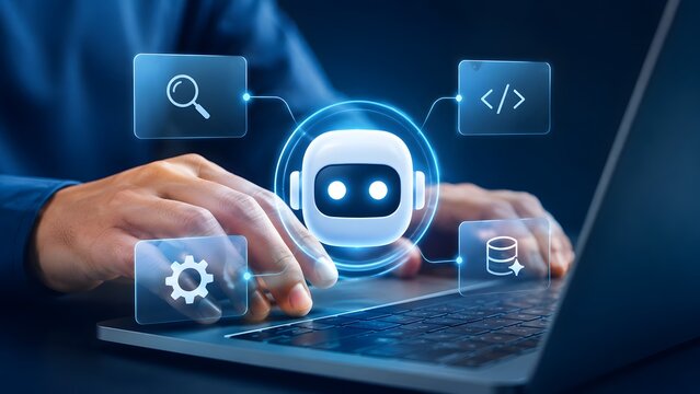 Professional developer using artificial intelligence chatbot for programming and data analysis on laptop, futuristic AI technology concept.