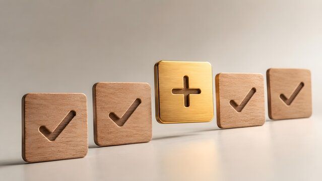 Elevated golden plus symbol block standing out among wooden checkmark tiles representing premium addition, upgrade, or distinctive choice.