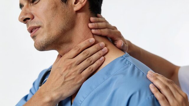 Receiving hands approaching placing pressure for exam, male doctor in studio with scrubs