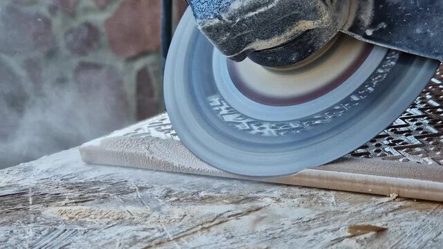 A builder trims the edge of a ceramic tile using an angle grinder with a diamond disc for porcelain stoneware. The process of cutting ceramic tiles. Professional finishing work and tiling