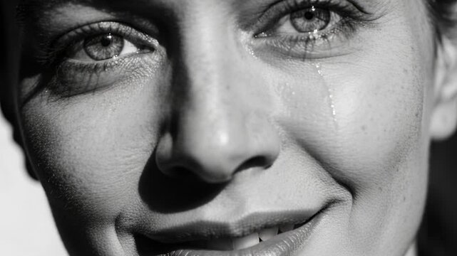 Widening eyes adult female shedding tear down cheek in mono studio with contrast, faint smile