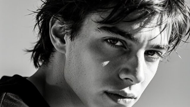 Reacting to key light, male teen closing, reopening eyes and fixing gaze in studio while posing