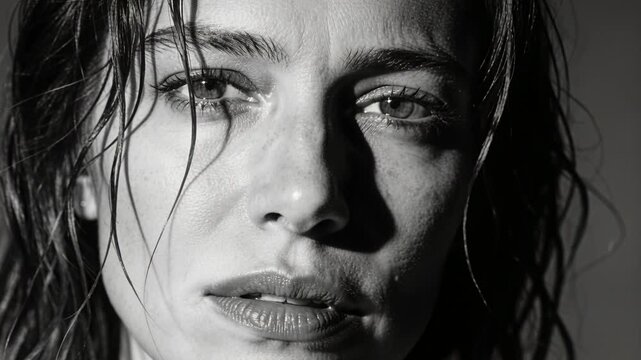 Responding to lighting cue, woman making eye and lip movements in studio with wet hair droplets