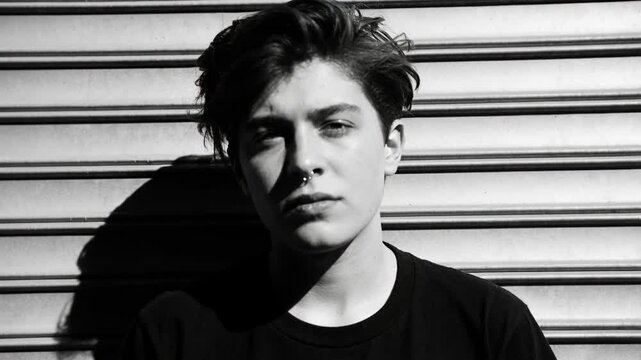 Reacting to sun, man squinting, tilting head against metal shutter, septum and black shirt visible