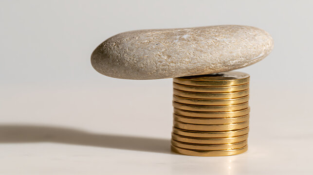 A precarious balance of a smooth river stone resting atop a tall stack of golden currency coins representing financial risk and stability