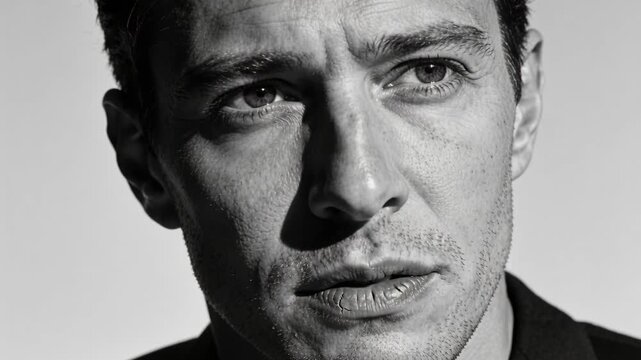Starting off look man closing eyes moving gaze pressing lips thinking dark shirt under studio light