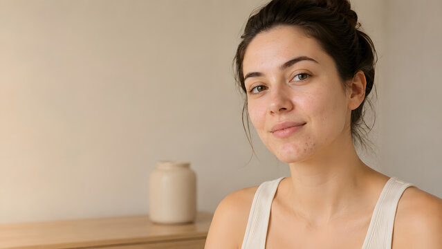 Young woman with natural acne-prone skin smiles softly while seated in a calm minimalist home.