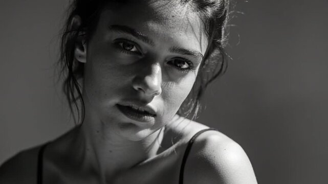 Tilting model posing, adjusting hair, touching neck in studio with camera starting in thin straps