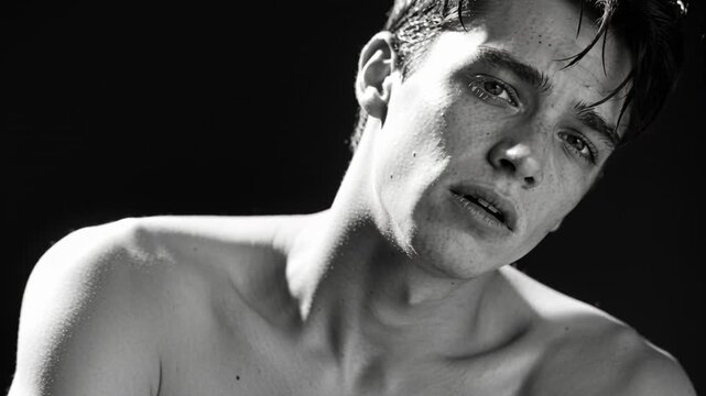 Tilting shirtless male model during camera roll in studio, showing water beads and rim light