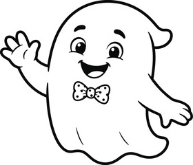 Fototapeta premium Friendly cartoon ghost waving hello with a bow tie isolated on transparent background