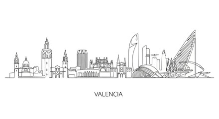 Obraz premium Valencia Skyline Line Art Drawing, Modern Cityscape Illustration, Spain Landmark