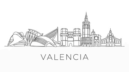 Obraz premium Valencia Skyline Illustration, Modern Architecture, Historic Buildings, White Background