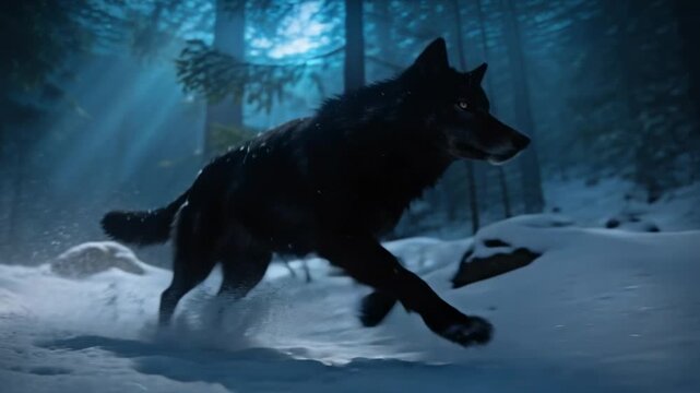 Entering glade black wolf moving on snow kicking powder off rocks bounding toward trees seeking den