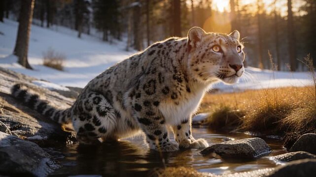 Stepping down from rock, adult snow leopard testing shallow stream seeking water on rocky bank