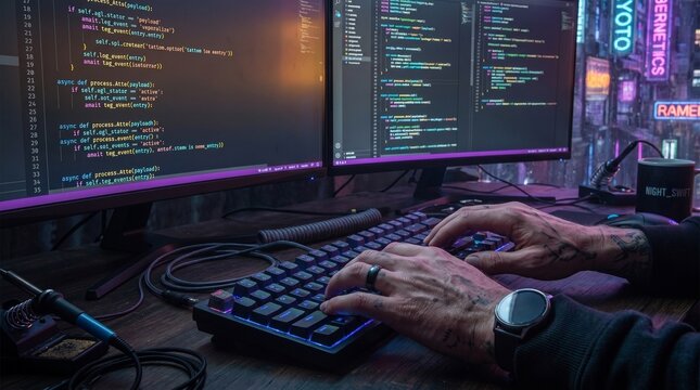 Software engineer typing code on a dual monitor setup in a cyberpunk dark room with neon lights