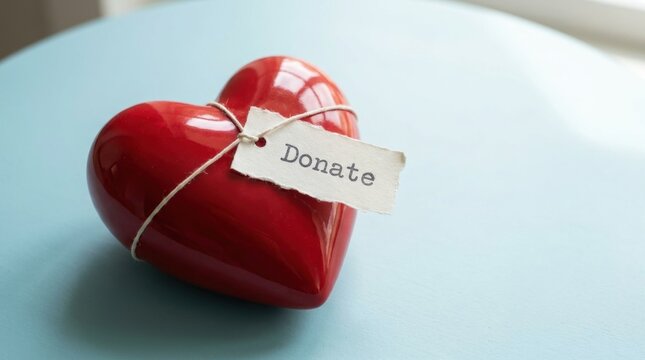 Red heart with tag labeled Donate on soft blue background representing charity, love and generous giving concept