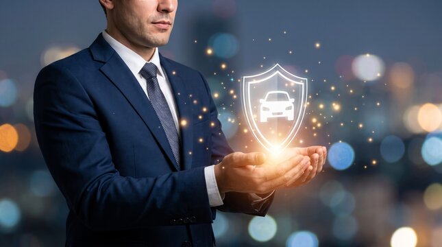 Professional businessman holding a glowing digital car insurance shield hologram in his hands while wearing a dark navy formal suit