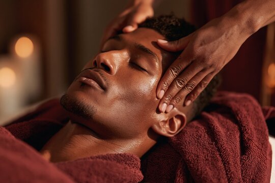 Peaceful young man relaxed during facial massage in spa with warm towels and candlelight for wellness poster and skincare treatment background