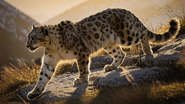 Walking adult snow leopard prompted by warm sunlight, moving across rocky ridge, scanning for prey