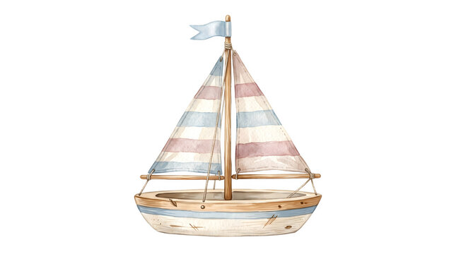 Watercolor illustration of a cute wooden toy sailboat isolated on transparent background