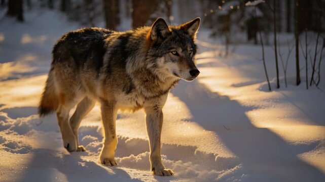 Walking adult gray wolf leaving paw prints, breath through snowy pines, sunlight drawing forward