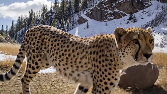 Approaching adult cheetah inspecting low camera, curious in alpine meadow, revealing spotted flank