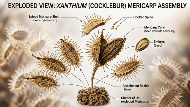 Exploded view illustration of Xanthium (cocklebur) mericarp assembly, detailing spined shell, hooked spine, core, embryo, and attachment rachis with cluster of un-exploded mericarps
