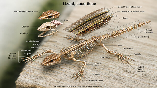 Detailed anatomical illustration of a lizard skeleton with labeled parts including skull, vertebrae, limbs, and dorsal patterns on a wooden surface background