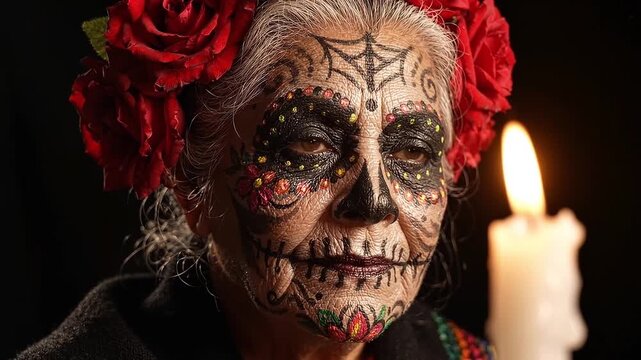 Senior woman with day of the dead sugar skull makeup holding a candle