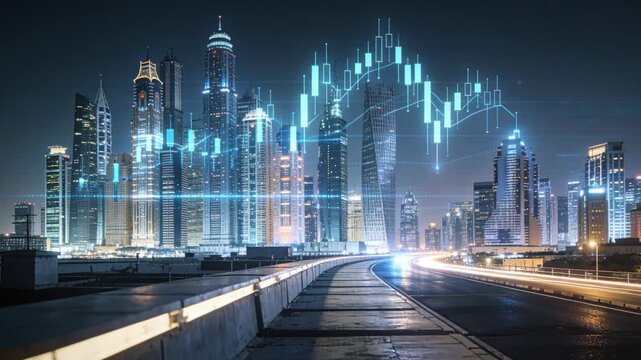 Faint glow arising on curved roadway, candlestick chart shifting and orange trails tracing skyline