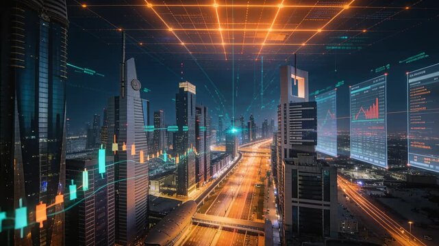 Appearing glowing orange grid causing highway with towers showing candlesticks for live market data