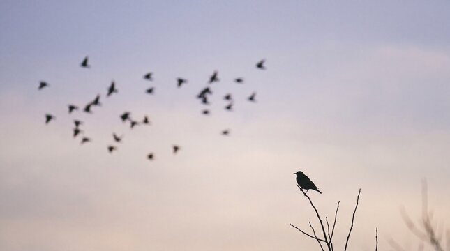 minimalist freedom theme, a soft flock of birds glides against a pastel sky, evoking gentle freedom