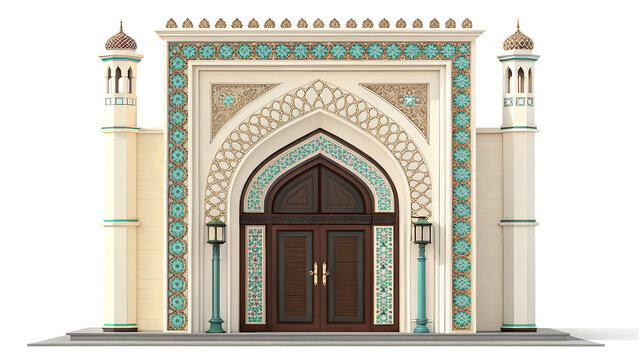 sophisticated Indo-Islamic doorway with tall pointed arch  geometric border patterns  dark wooden double door
